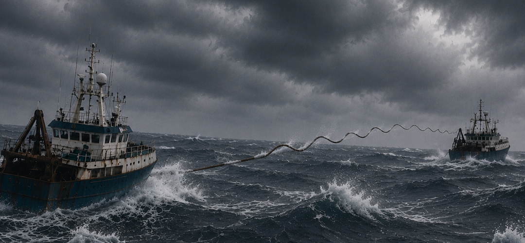 Reconstruction of the attempt to tow the Sonia Nancy on January 4, 1998. Disabled in extremely heavy seas, the fishing vessel is taken under tow by another trawler. The violence of the Force 11 storm eventually causes the towline to break, leaving the Sonia Nancy drifting helplessly.