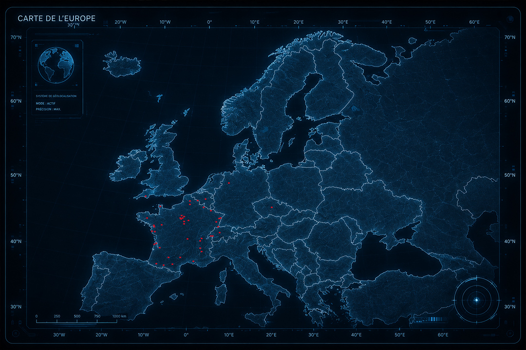 Carte d’Europe des premiers clients du sous-vêtement homme SABORDS®. Chaque point rouge représente un pionnier ayant adopté le sous-vêtement anatomique breveté SABORDS®.