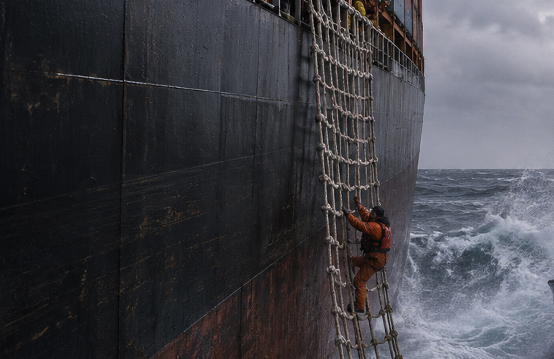 Illustration montrant ce qu’aurait représenté un transfert du Sonia Nancy vers le cargo français Fort Descaix à l’aide d’une échelle de sauvetage en cordage. Le 4 janvier 1998, l’état extrême de la mer rend cette manœuvre impossible. Les dix marins devront finalement être secourus par hélicoptère.
