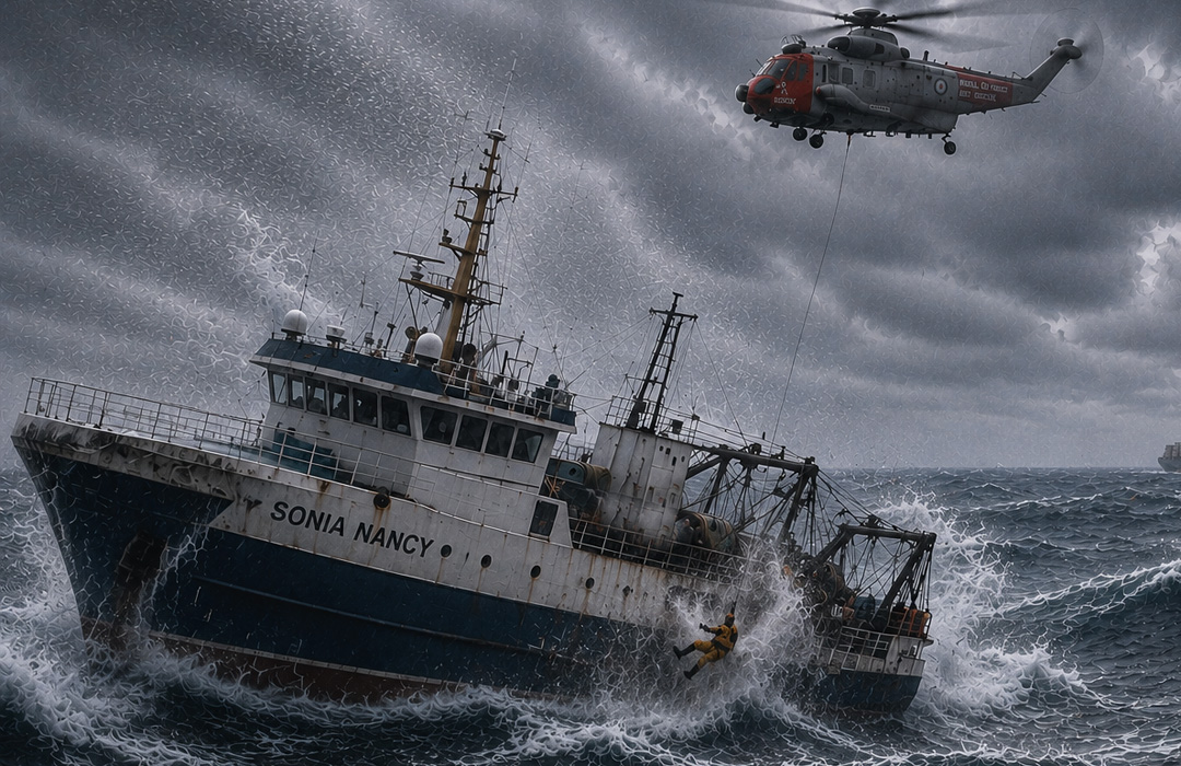 Reconstitution du sauvetage du chalutier Sonia Nancy le 4 janvier 1998 dans l’Atlantique. Dans une mer démontée et des vents de force 11, le treuilliste d’un hélicoptère Sea King de la RAF descend vers le navire en perdition. Ballotté par des vagues pouvant atteindre une quinzaine de mètres, le chalutier est privé de propulsion. Les dix membres d’équipage seront finalement hélitreuillés et sauvés.