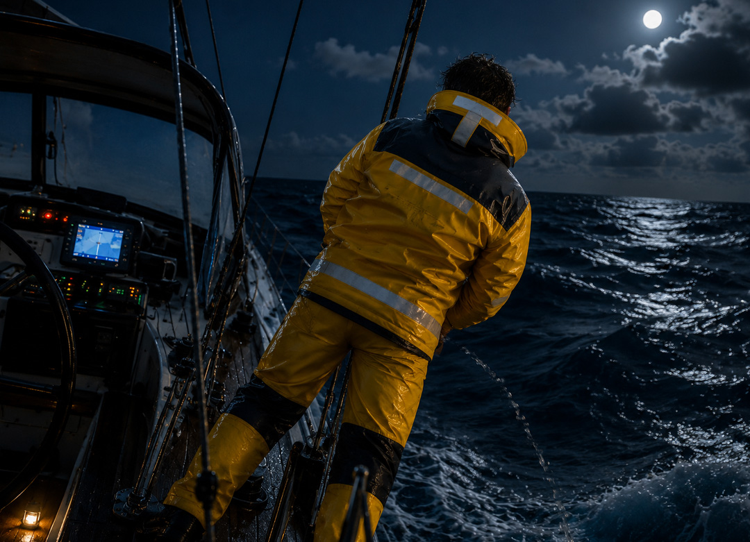 Un marin, vêtu d'un ciré jaune, urine par-dessus bord au cours d'une navigation de nuit sur un voilier en pleine mer. Sous la lumière de la lune, il s'appuie contre un hauban pour conserver son équilibre tandis que le bateau évolue dans une mer formée. Cette scène illustre les risques de chute à la mer lors d'un geste aussi banal qu'uriner, notamment lorsque le voilier navigue sous pilote automatique.