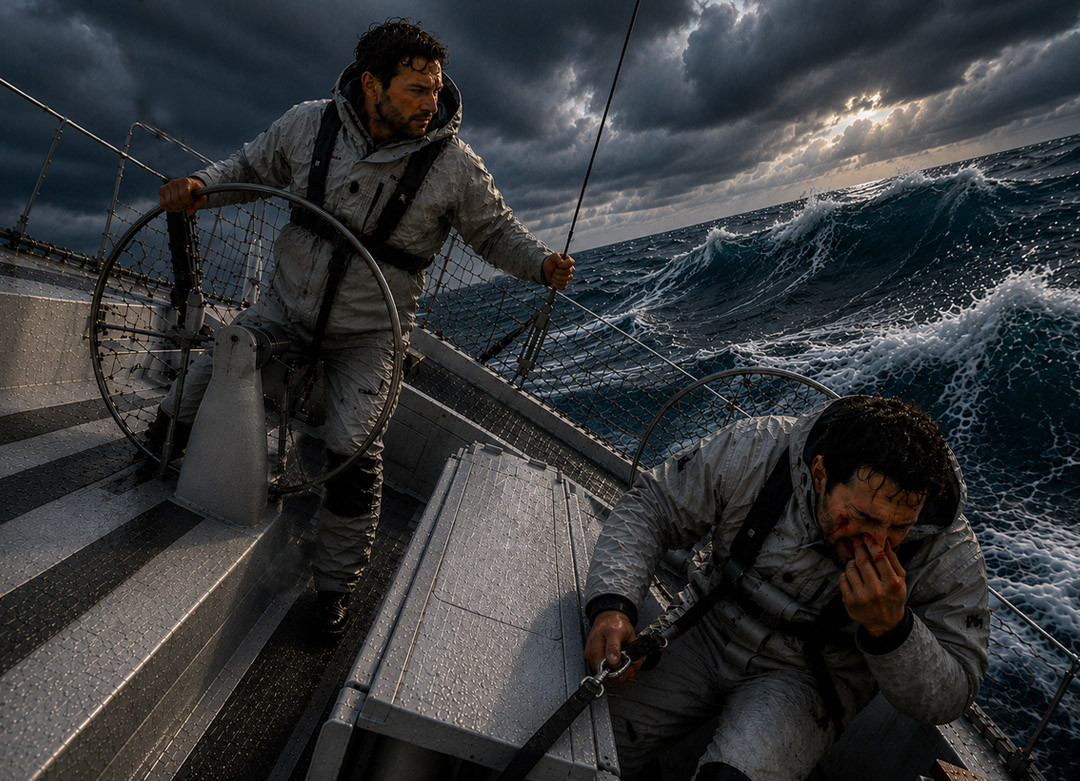 Watch change during a winter storm in the Bay of Biscay. Aboard an Oceanis 500, the new helmsman takes the wheel as another crew member, his face bloodied after being thrown against the boat, leaves his watch. In heavy seas beneath threatening skies, even a routine watch change becomes a dangerous maneuver requiring constant balance, teamwork, and control of the yacht.