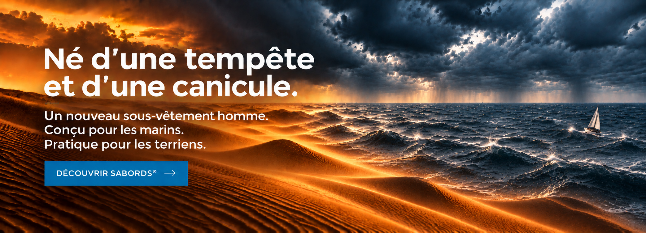 Bannière SABORDS® illustrant la rencontre entre une tempête en mer et une canicule, à l’origine d’un sous-vêtement homme anatomique breveté conçu autrement.
