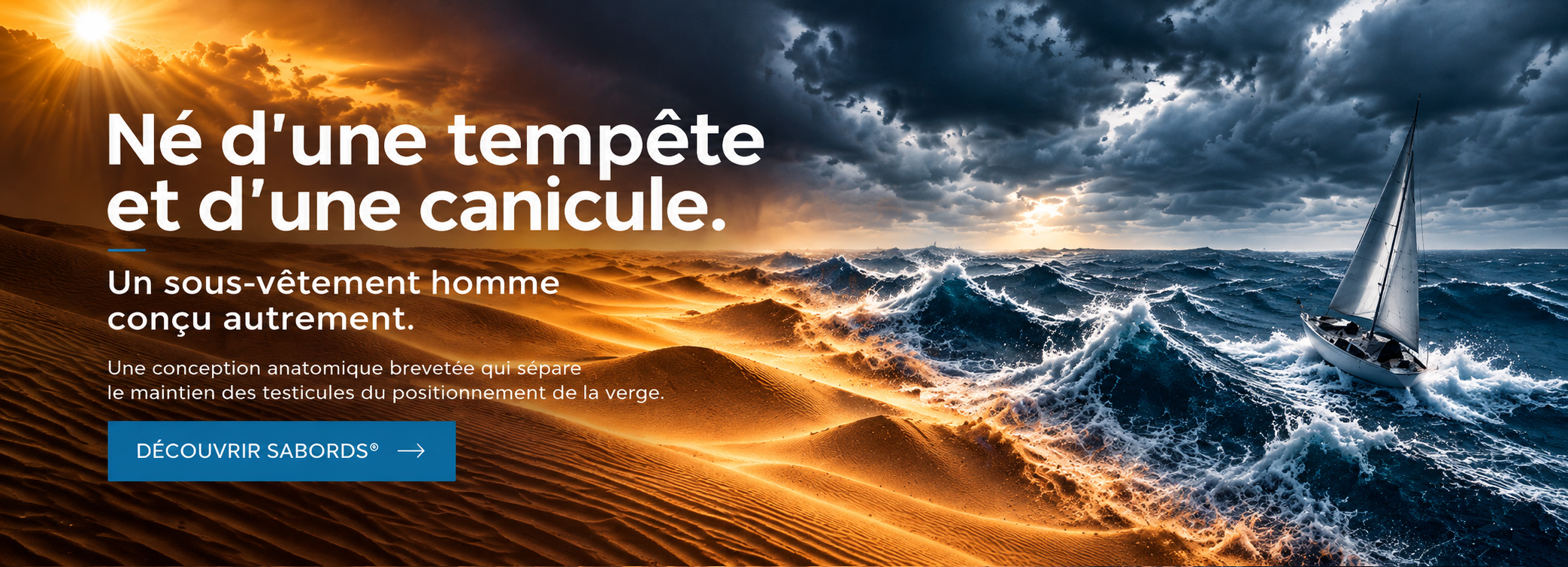 Bannière SABORDS® illustrant la rencontre entre une tempête en mer et une canicule, à l’origine d’un sous-vêtement homme anatomique breveté conçu autrement.